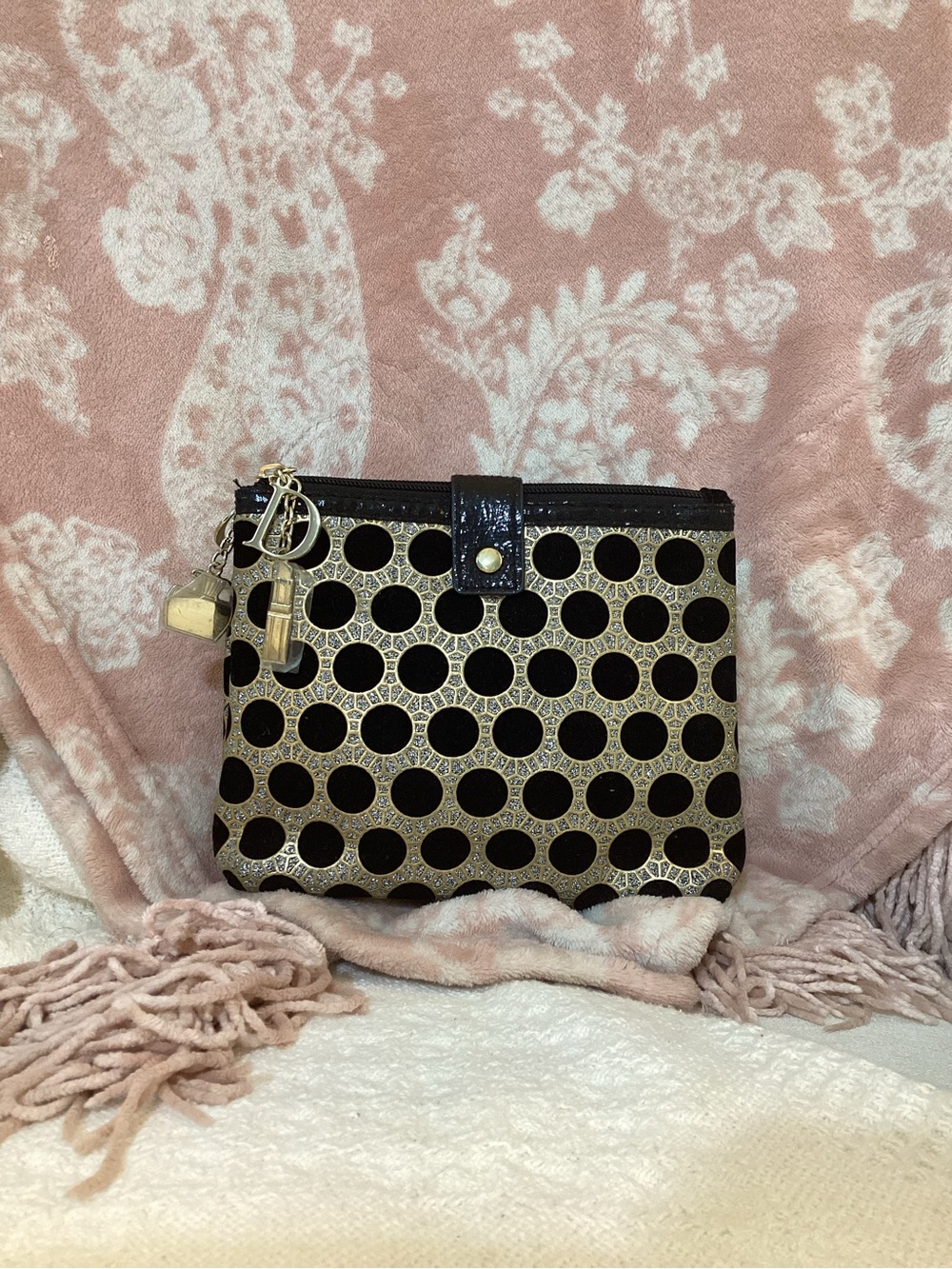 Christian Dior Black and Gold Polka Dot Cosmetic Wristlet - Designer Charm